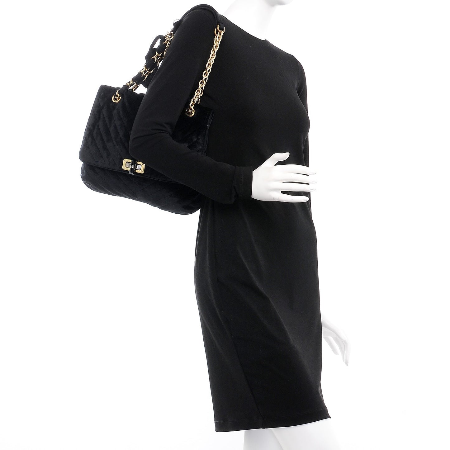 Velvet Quilted Medium Happy Shoulder Bag Black