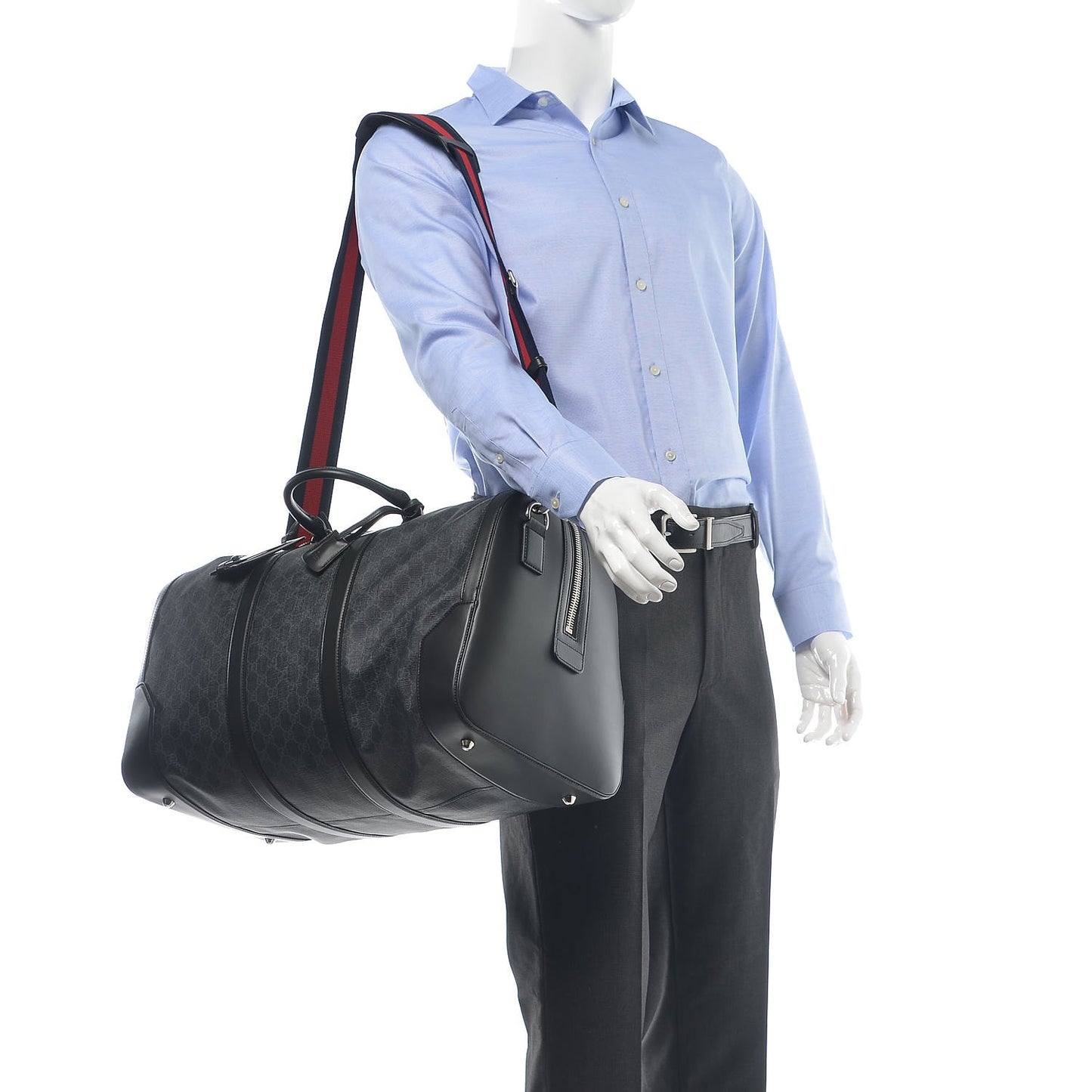 Soft GG Supreme Monogram Appia Calfskin Web Large Carry On Duffle Bag Black Grey