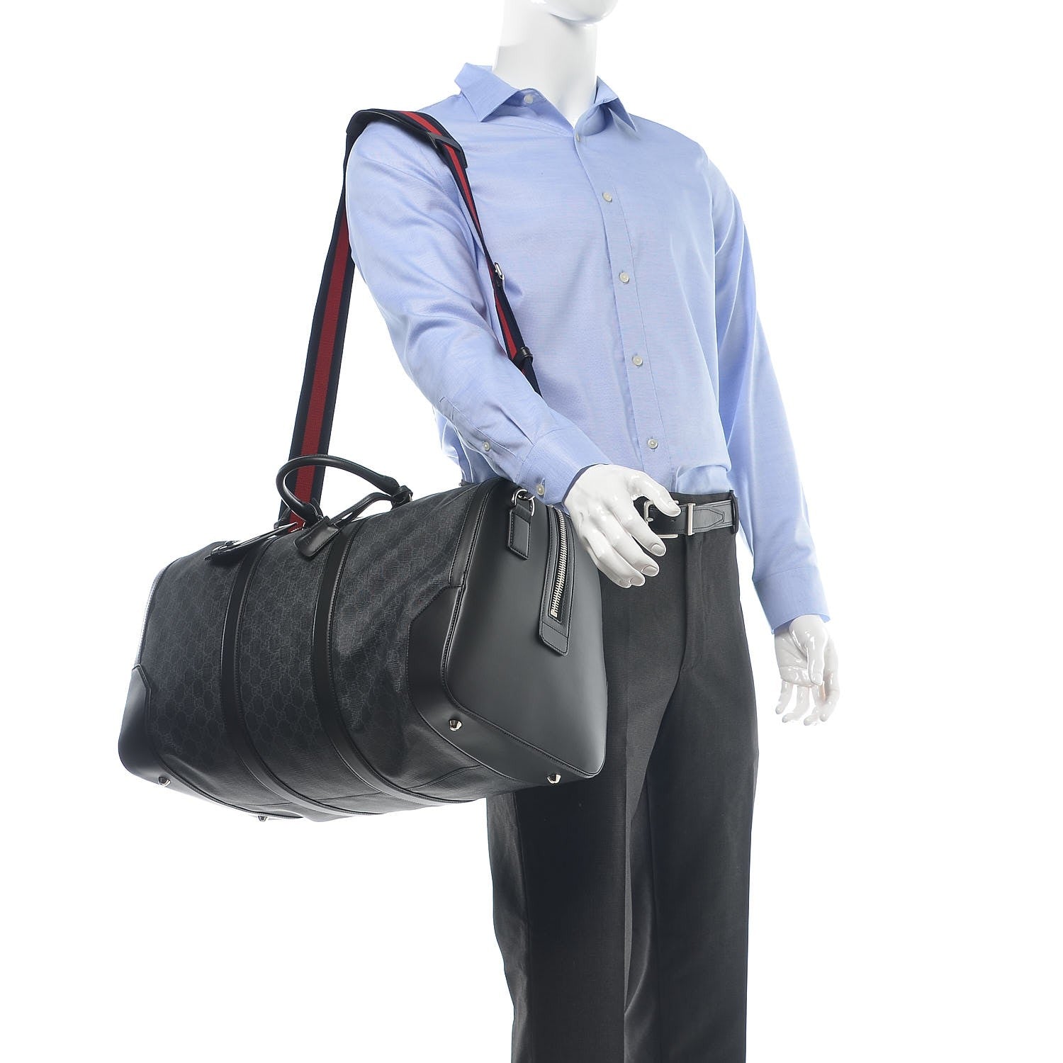 Gucci Soft GG Supreme Monogram Appia Calfskin Web Large Carry On Duffle Bag Black Grey 2 of 7