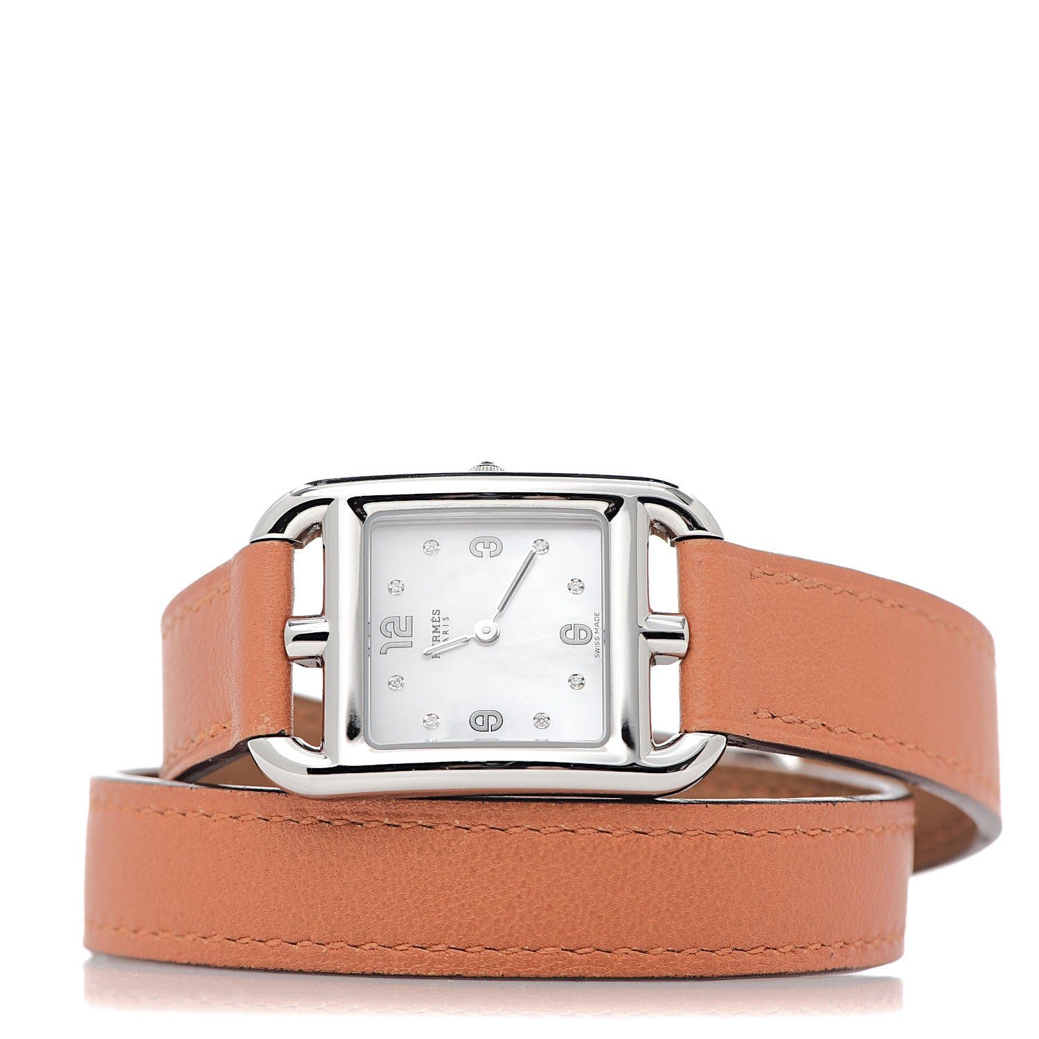 Hermes Stainless Steel Swift Diamond Mother of Pearl 23mm Cape Cod Double Tour Quartz Watch Orange 4 of 8