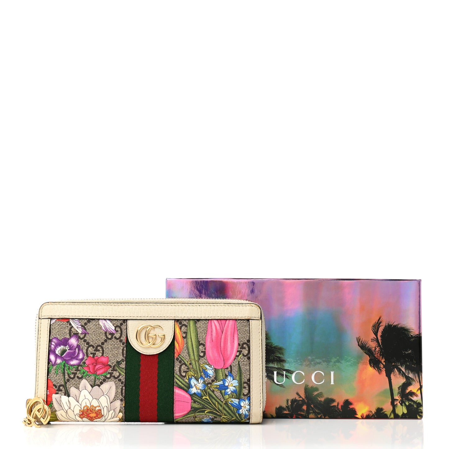 GG Supreme Monogram Flora Ophidia Zip Around Wallet White
