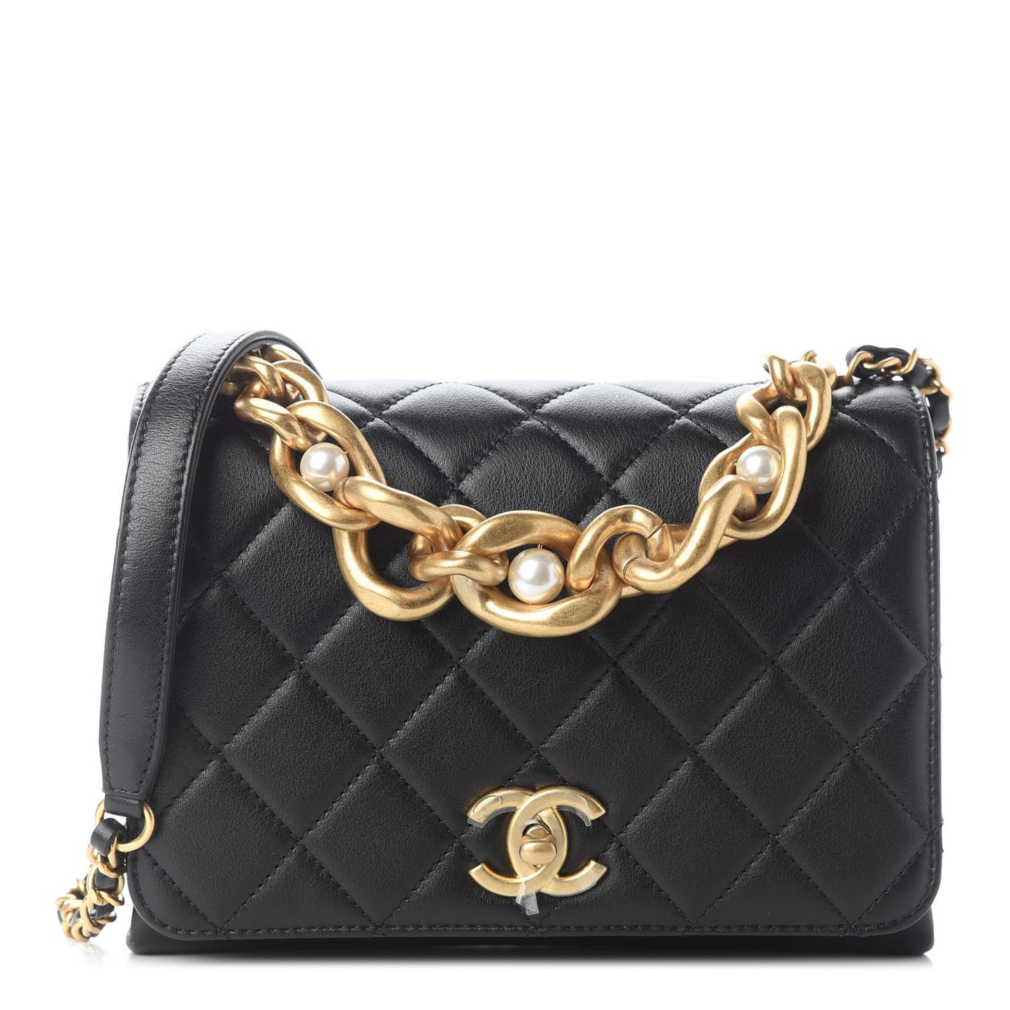 Calfskin Quilted Pearl Jewel Chain Flap Black