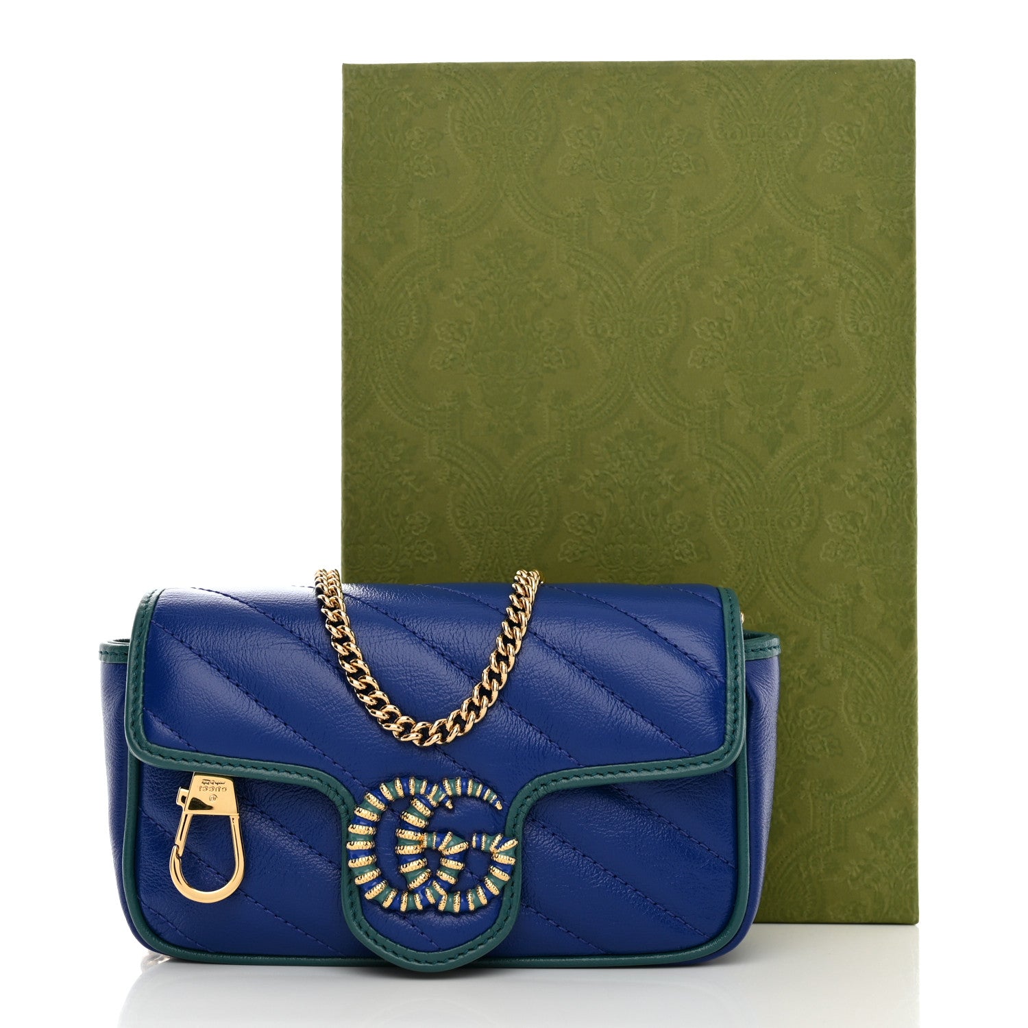 Gucci Azalea Calfskin Enamel Matelasse Diagonal Super Mini Torchon GG Marmont Shoulder Bag Imperial Blue Pavone 11 of 11