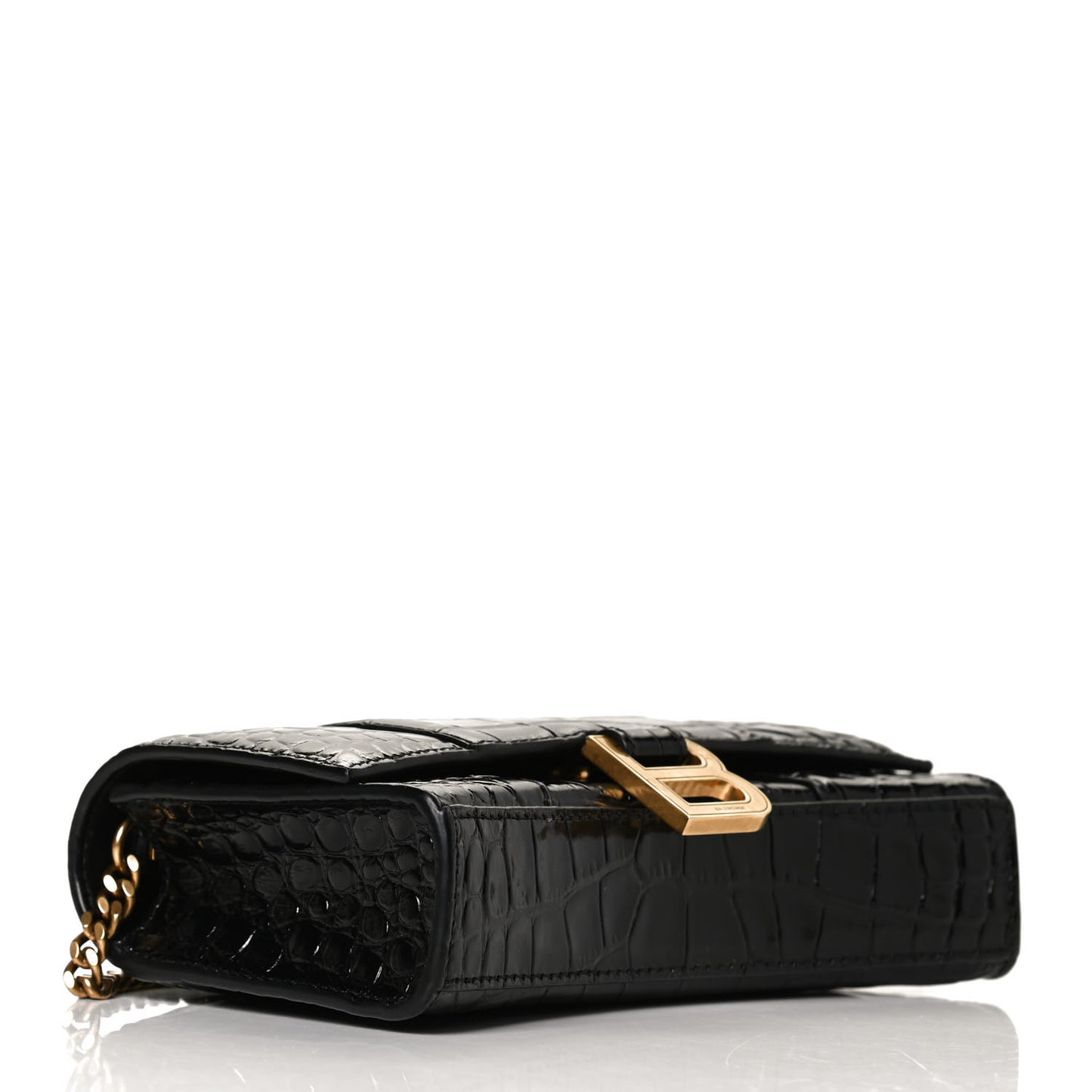 Shiny Calfskin Crocodile Embossed Hourglass Chain Bag Black