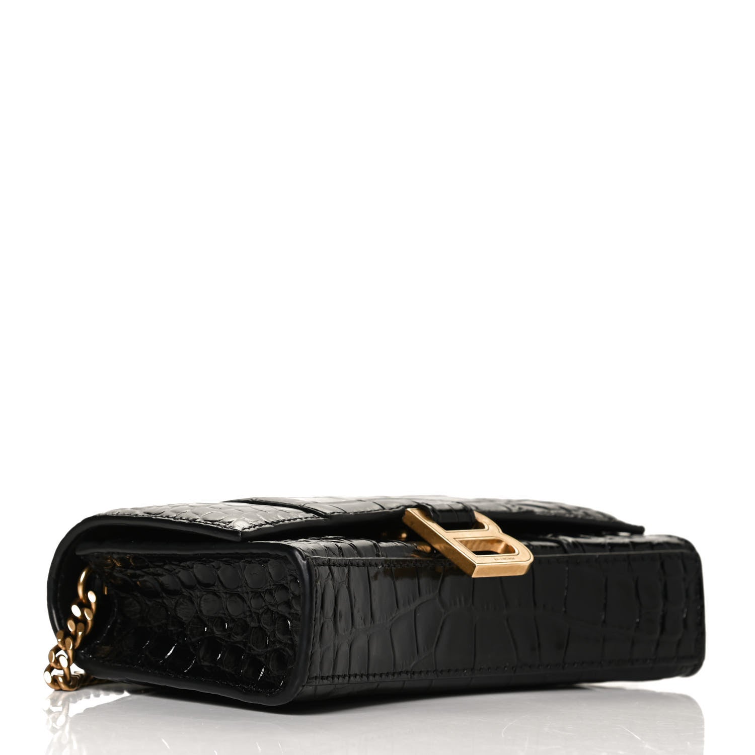 Balenciaga Shiny Calfskin Crocodile Embossed Hourglass Chain Bag Black 3 of 10