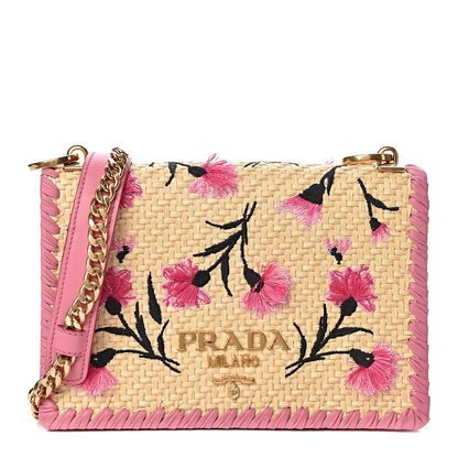 Prada Straw Floral Embroidered Shoulder Bag Naturale Begonia 1 of 10