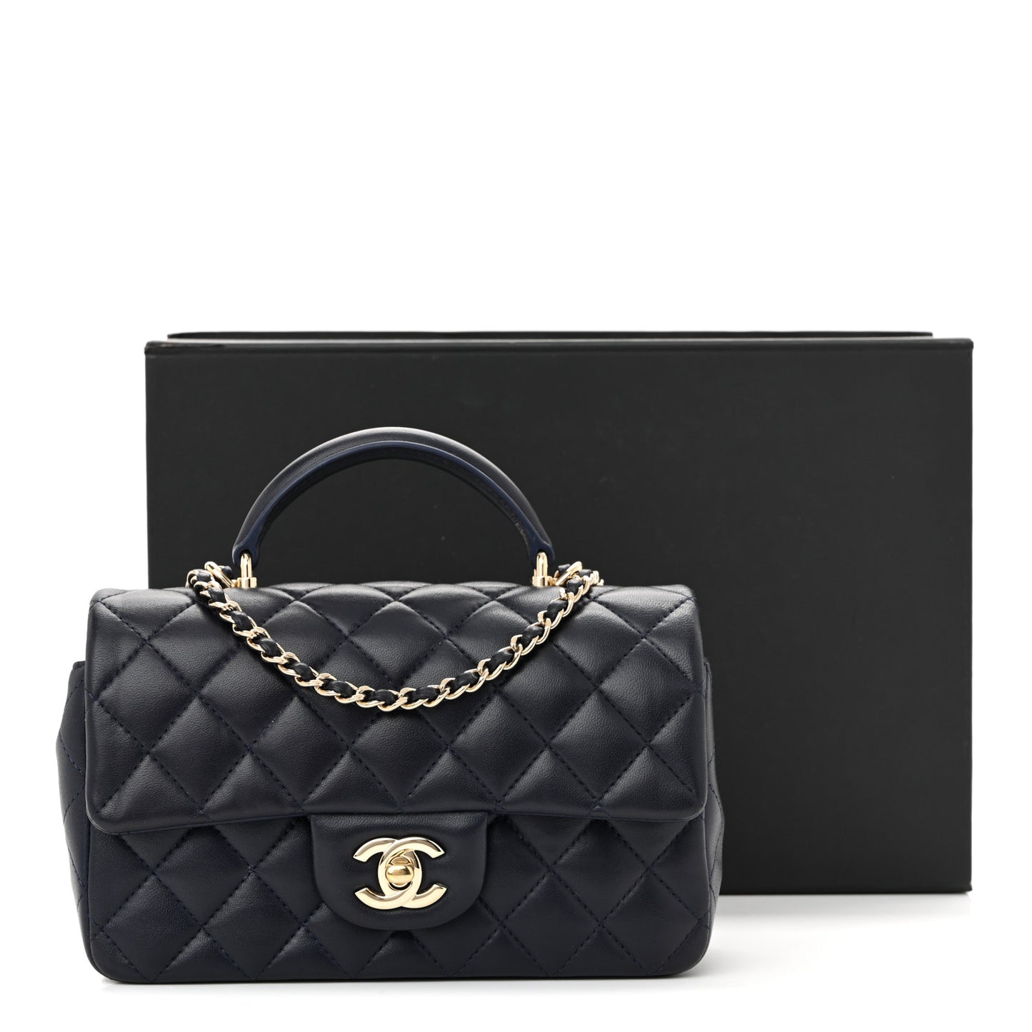 Lambskin Quilted Mini Top Handle Rectangular Flap Navy Blue