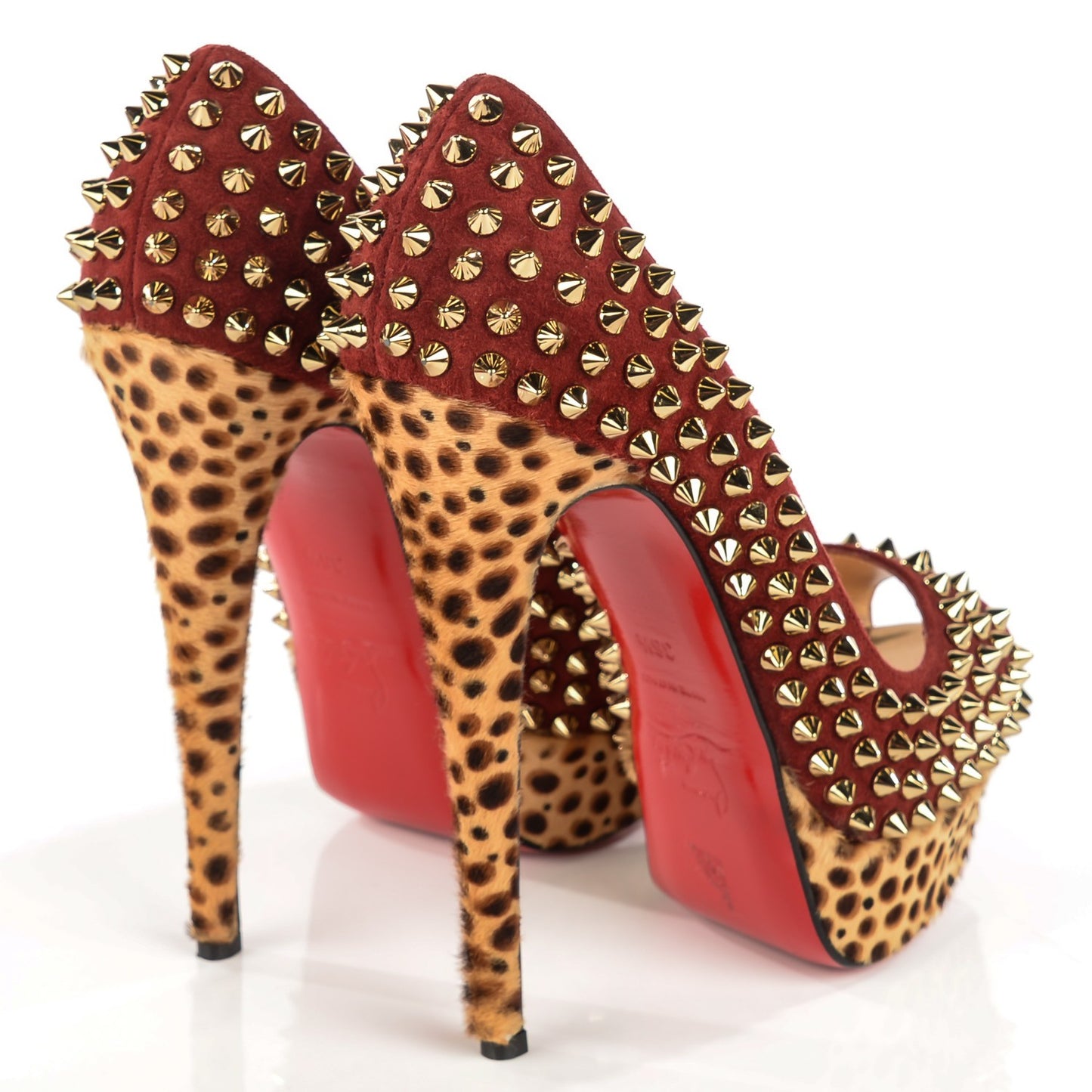 Veau Velours Calf Hair Leopard Lady Peep Spikes 150 Pumps 36.5 Red