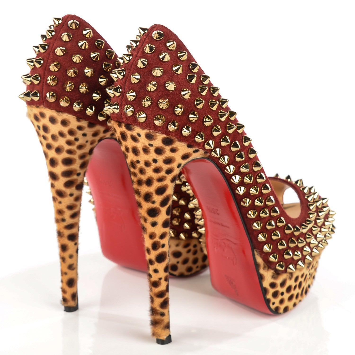 Christian Louboutin Veau Velours Calf Hair Leopard Lady Peep Spikes 150 Pumps 36.5 Red 4 of 7