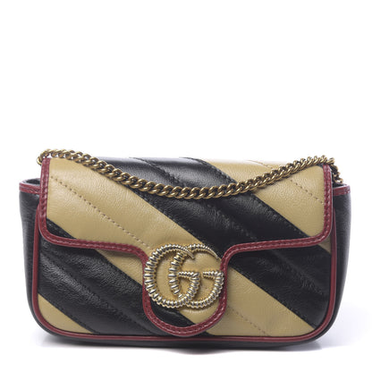 Gucci Vintage Effect Calfskin Matelasse Diagonal Striped Super Mini Torchon GG Marmont Shoulder Bag Black Beige 1 of 10