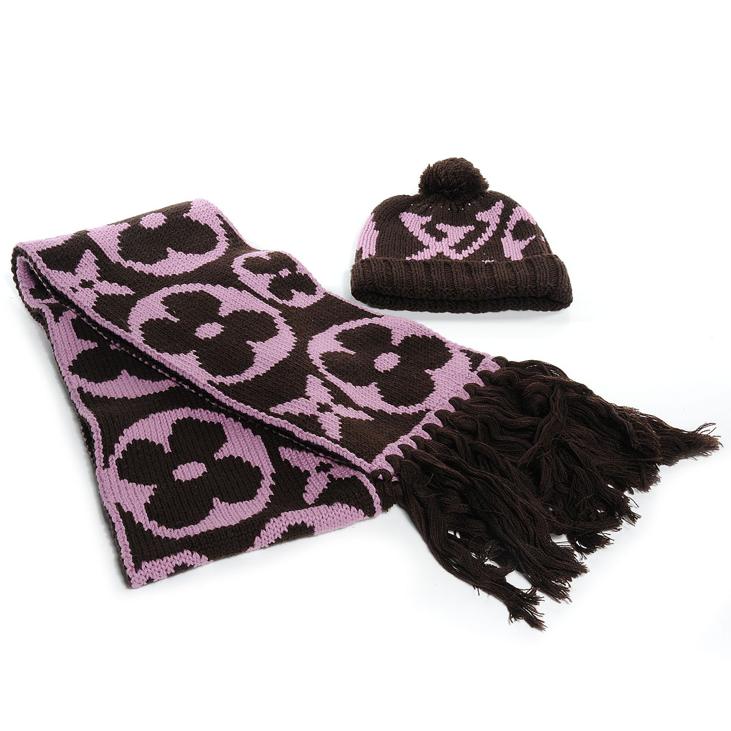 Monogram Knit Wool Hat Fringe Scarf Set Pink Ebene
