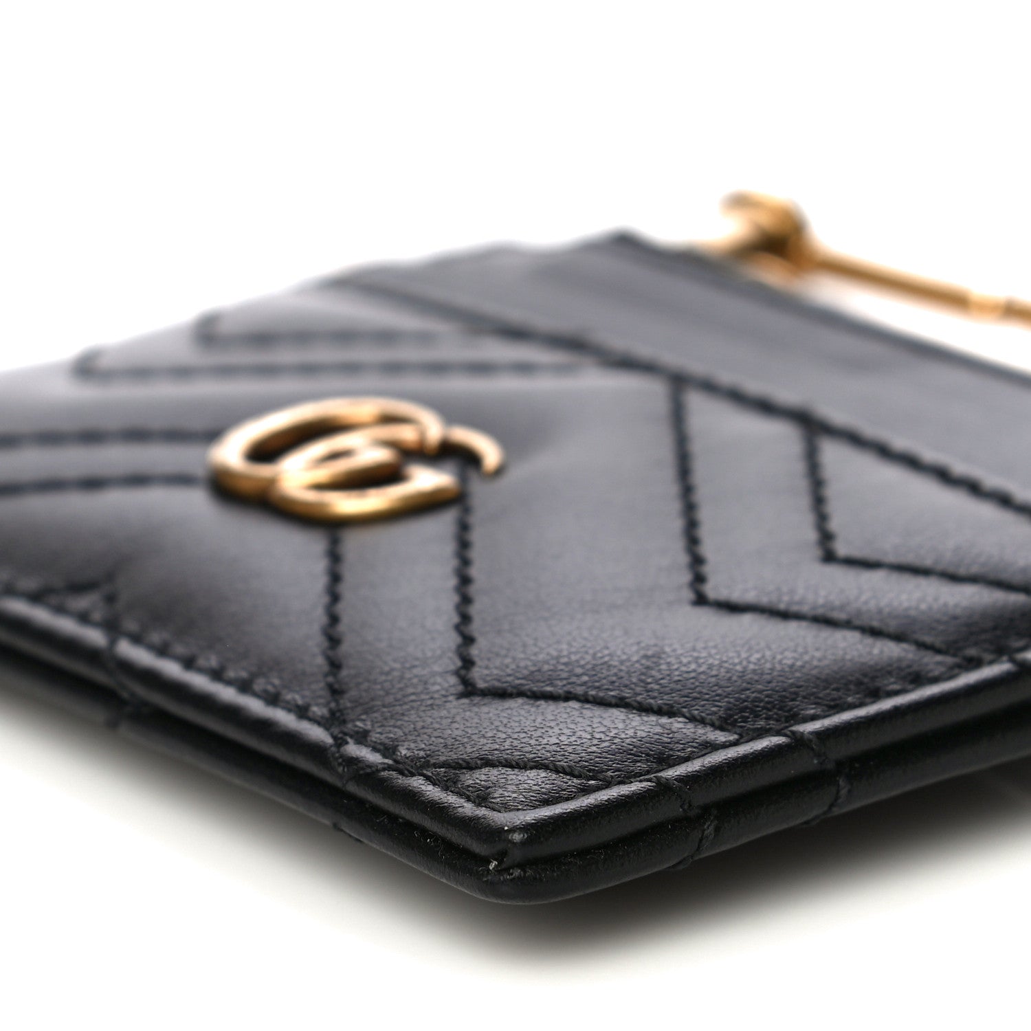Gucci Calfskin Matelasse Chevron GG Marmont Key Case Card Holder Black 7 of 12