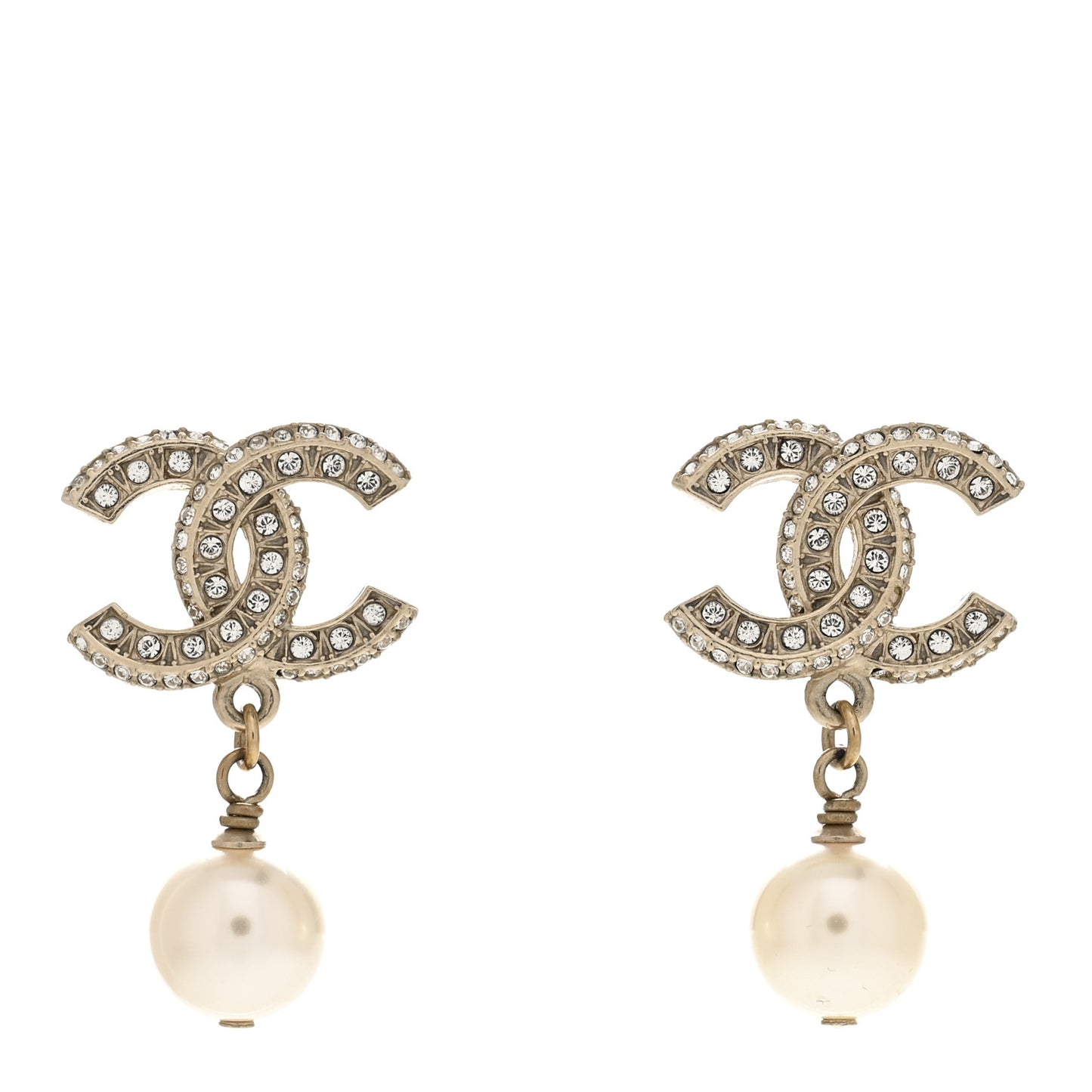 Pearl Crystal CC Drop Earrings Gold