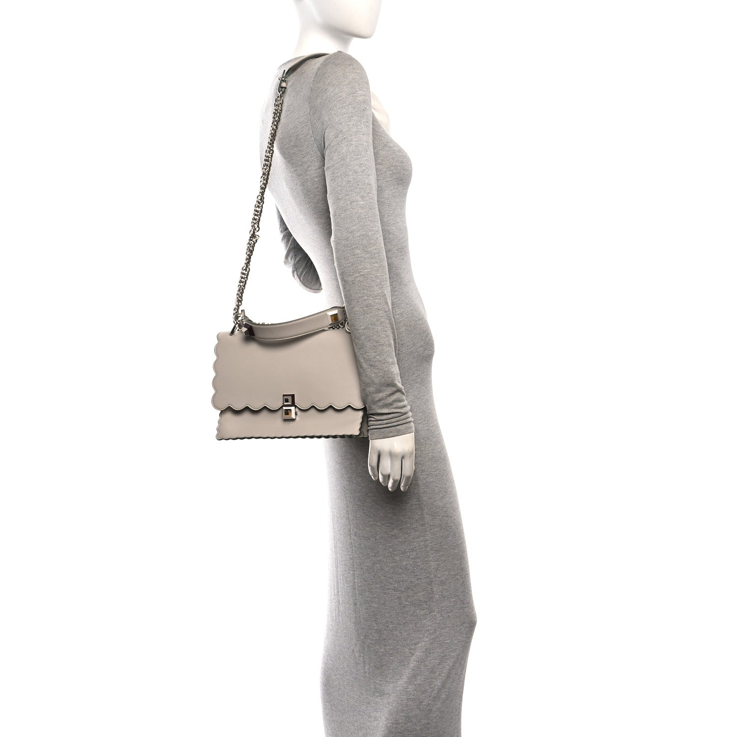 Fendi Vitello Liberty Scalloped Studded Kan I Shoulder Bag Grigio Polvere 2 of 10