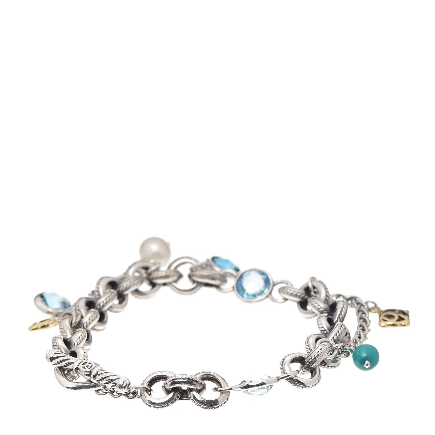 David Yurman Sterling Silver 18K Yellow Gold Blue Topaz Turquoise Pearl Old World Charm Bracelet 3 of 4