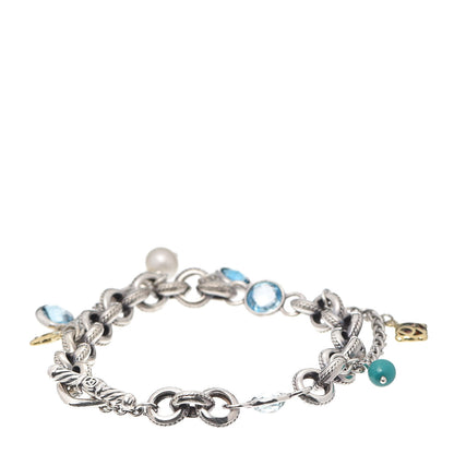 David Yurman Sterling Silver 18K Yellow Gold Blue Topaz Turquoise Pearl Old World Charm Bracelet 3 of 4