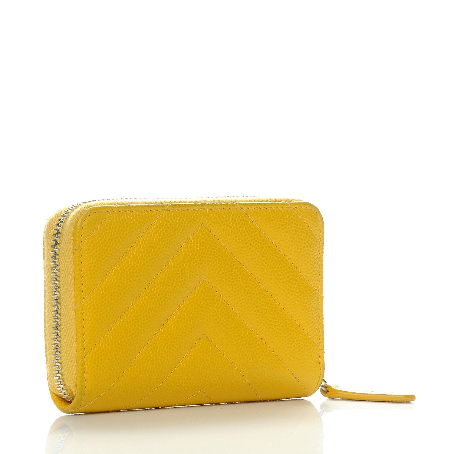 Chanel Caviar Chevron Quilted Zip Coin Purse Yellow 3 of 8