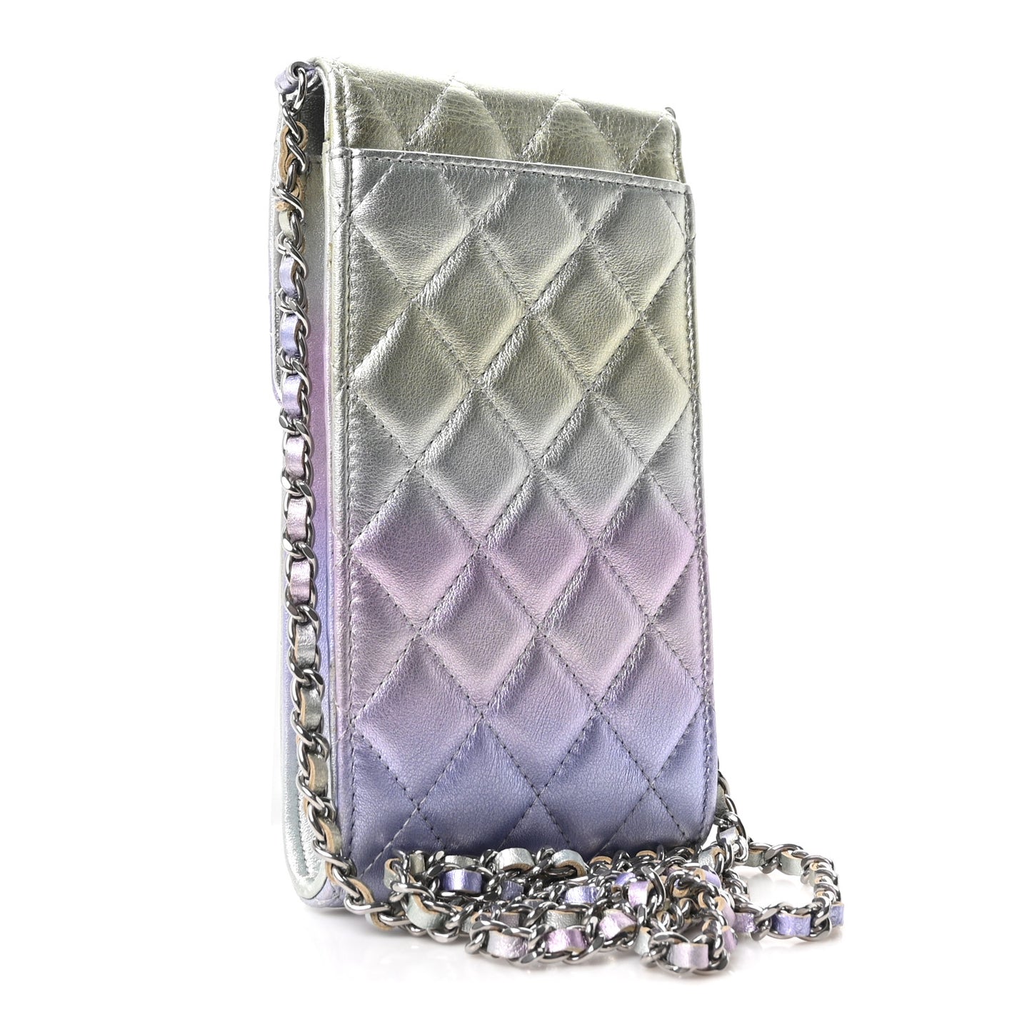 Gradient Metallic Calfskin Quilted CC Phone Holder Silver Blue Yellow Purple