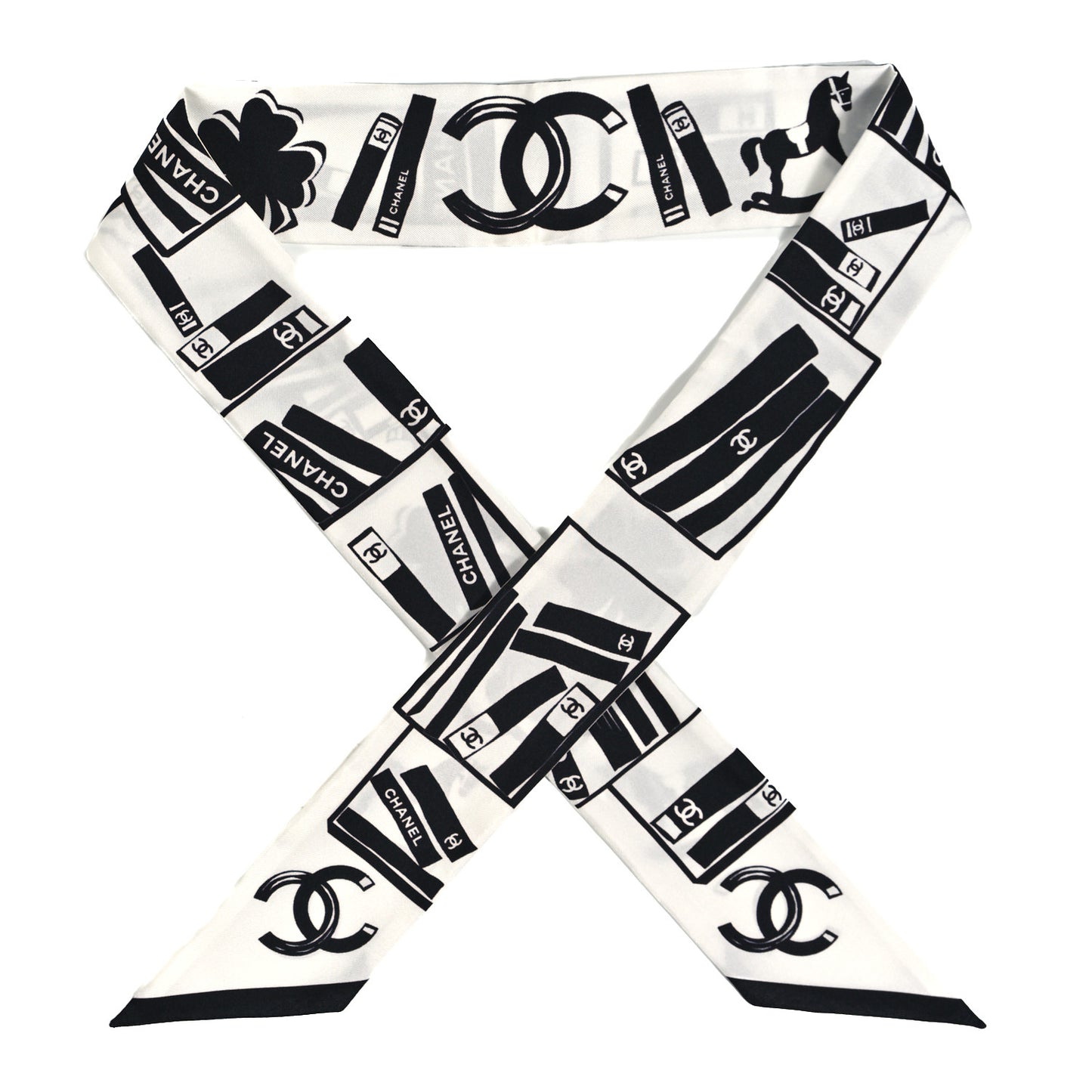 Silk CC Logo Slim Bandeau Scarf White Black