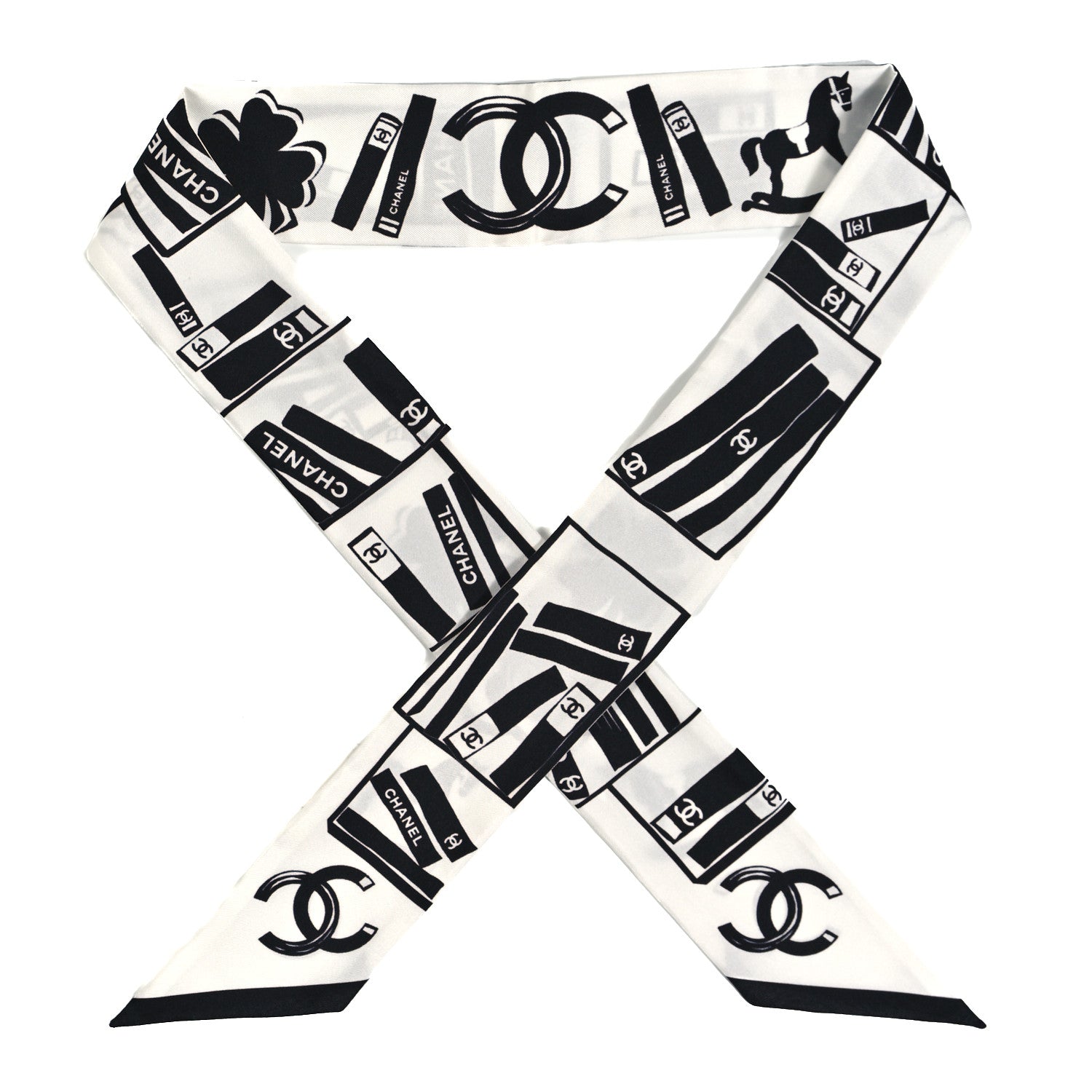 Chanel Silk CC Logo Slim Bandeau Scarf White Black 1 of 4
