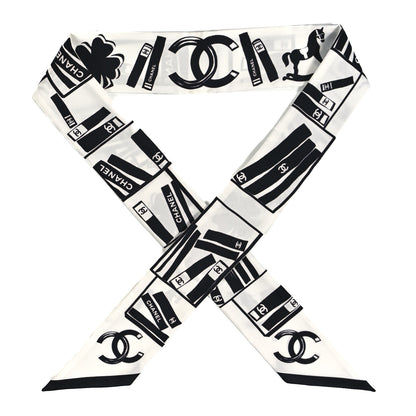 Chanel Silk CC Logo Slim Bandeau Scarf White Black 1 of 4