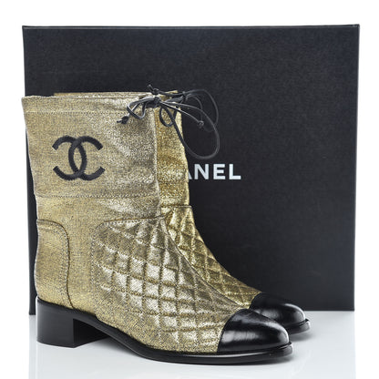 Chanel Metallic Goatskin Cap Toe Short Boots 37 Gold Black 10 of 10