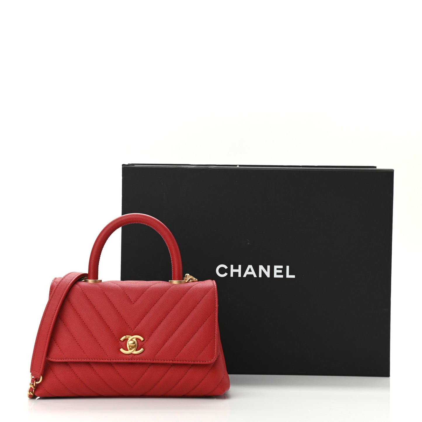 Caviar Chevron Quilted Mini Coco Handle Flap Red