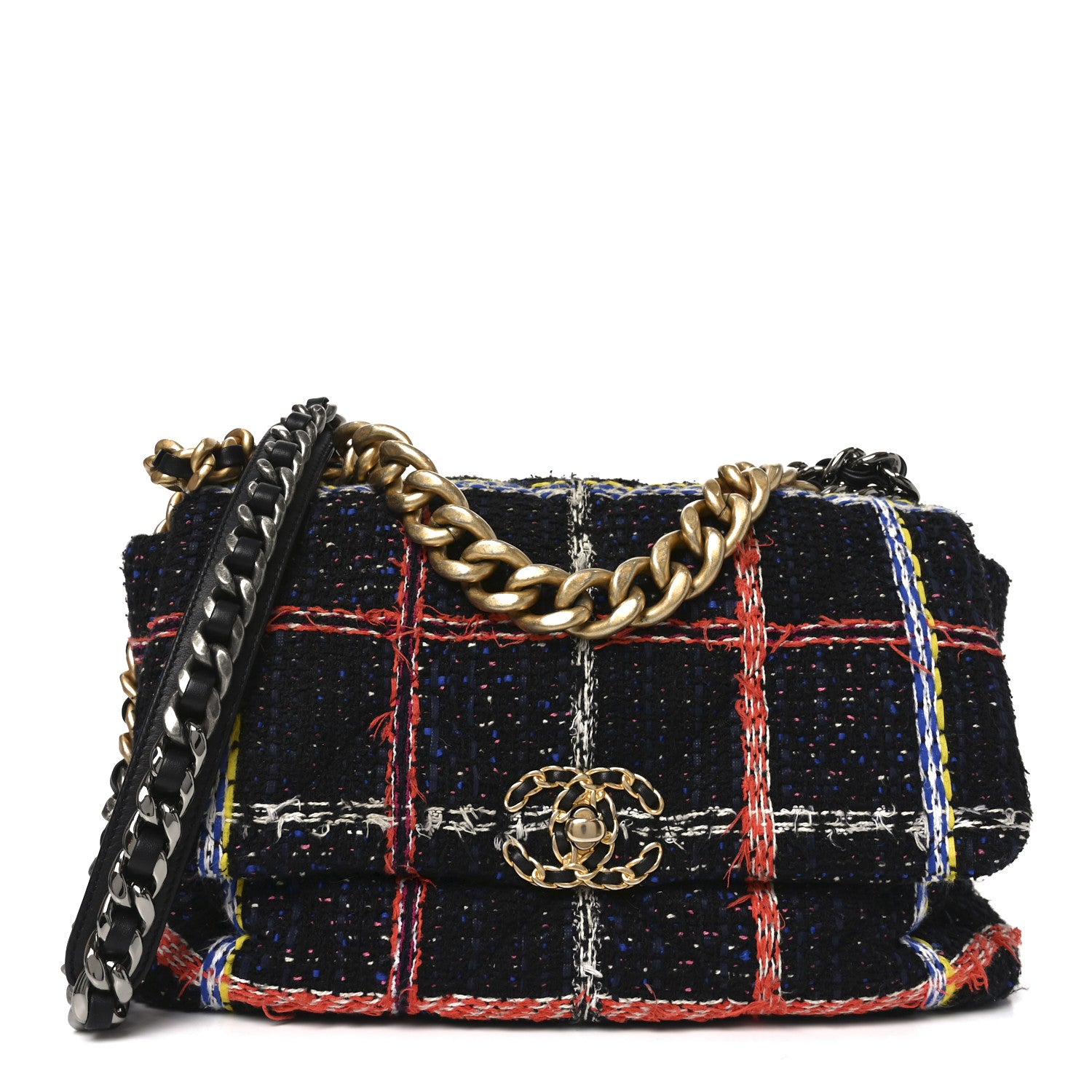 Chanel Tweed Quilted Large Chanel 19 Flap Black Orange Blue 1 of 10