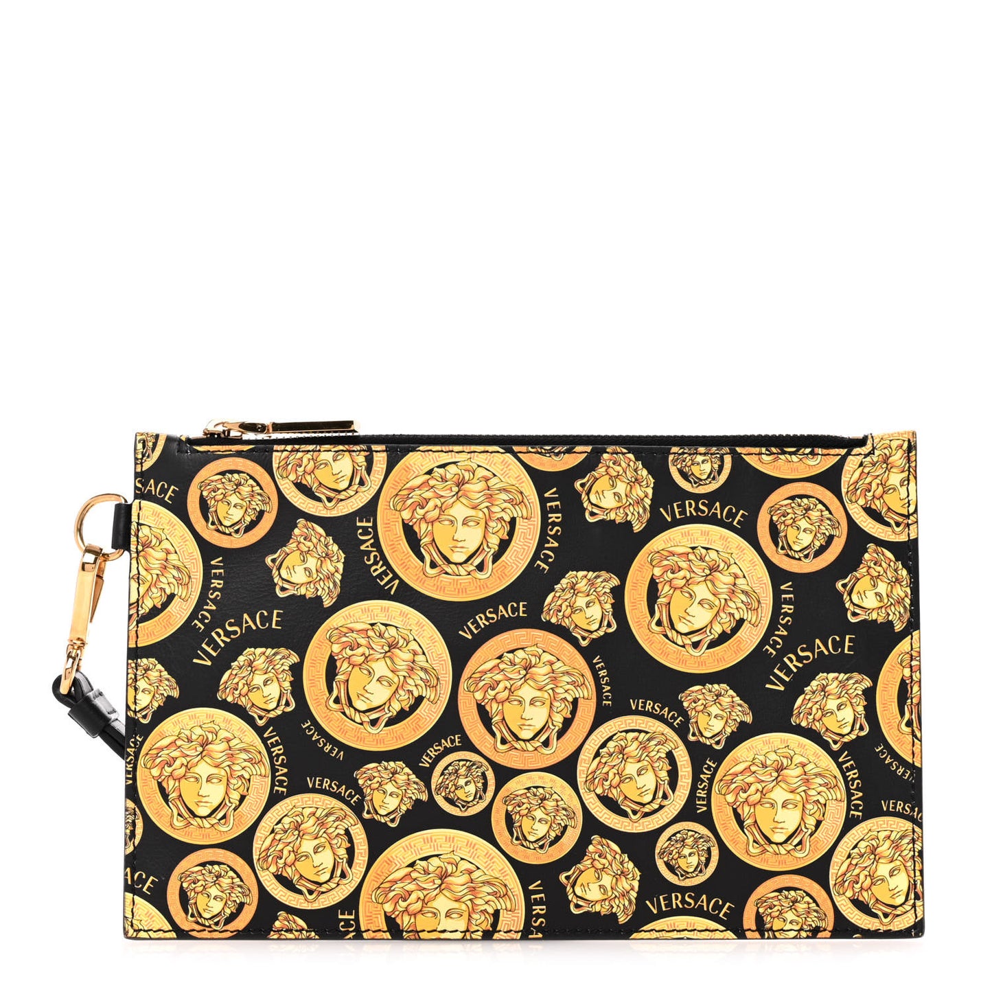 Calfskin La Medusa Print Wristlet Pouch Black Gold