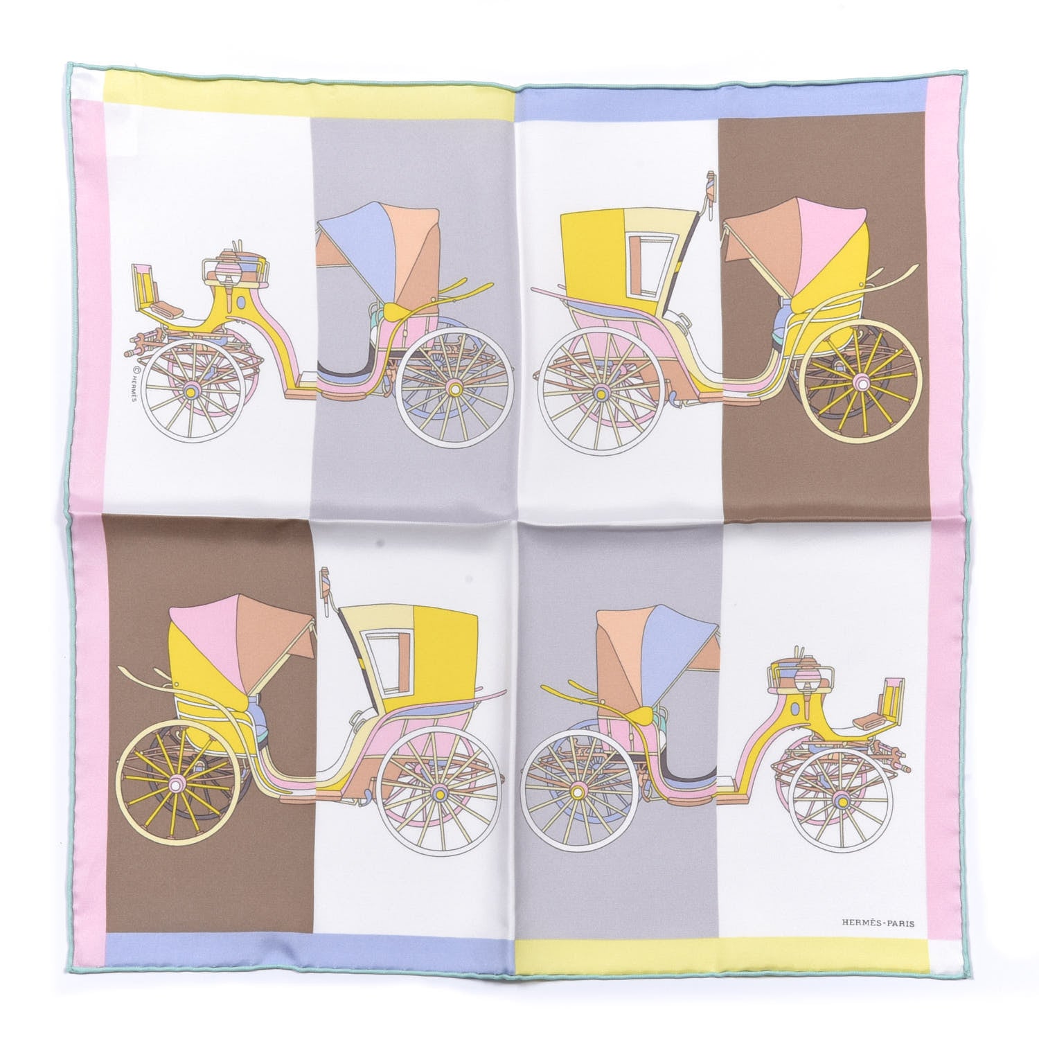 Hermes Silk Voitures Exquises Pocket Square Blanc Camel Jaune 1 of 5