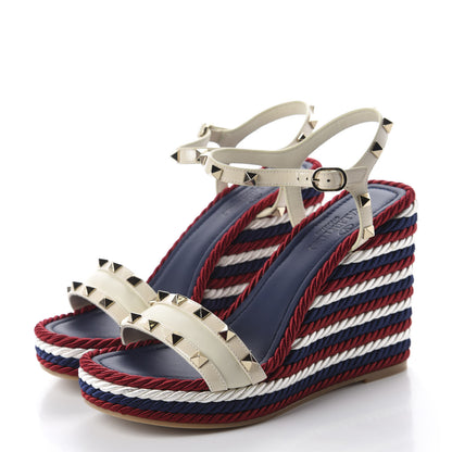 Valentino Garavani Patent Calfskin Rockstud Torchon Espadrille 25/115mm Wedge Sandals 39 Light Ivory 3 of 10