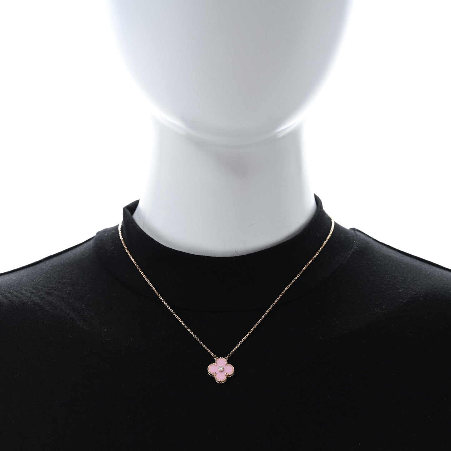 VAN CLEEF & ARPELS 18K Rose Gold Diamond Pink Porcelain Vintage Alhambra Pendant Necklace