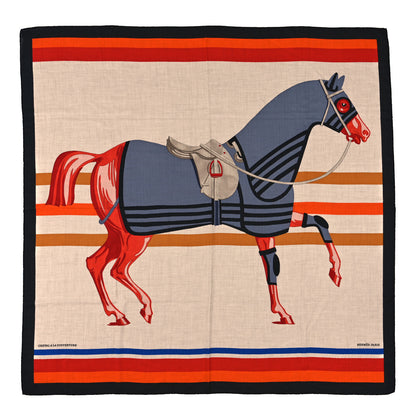 Hermes Cashmere Silk Cheval A La Couverture Shawl 140 Naturel Rouge Brique 1 of 6
