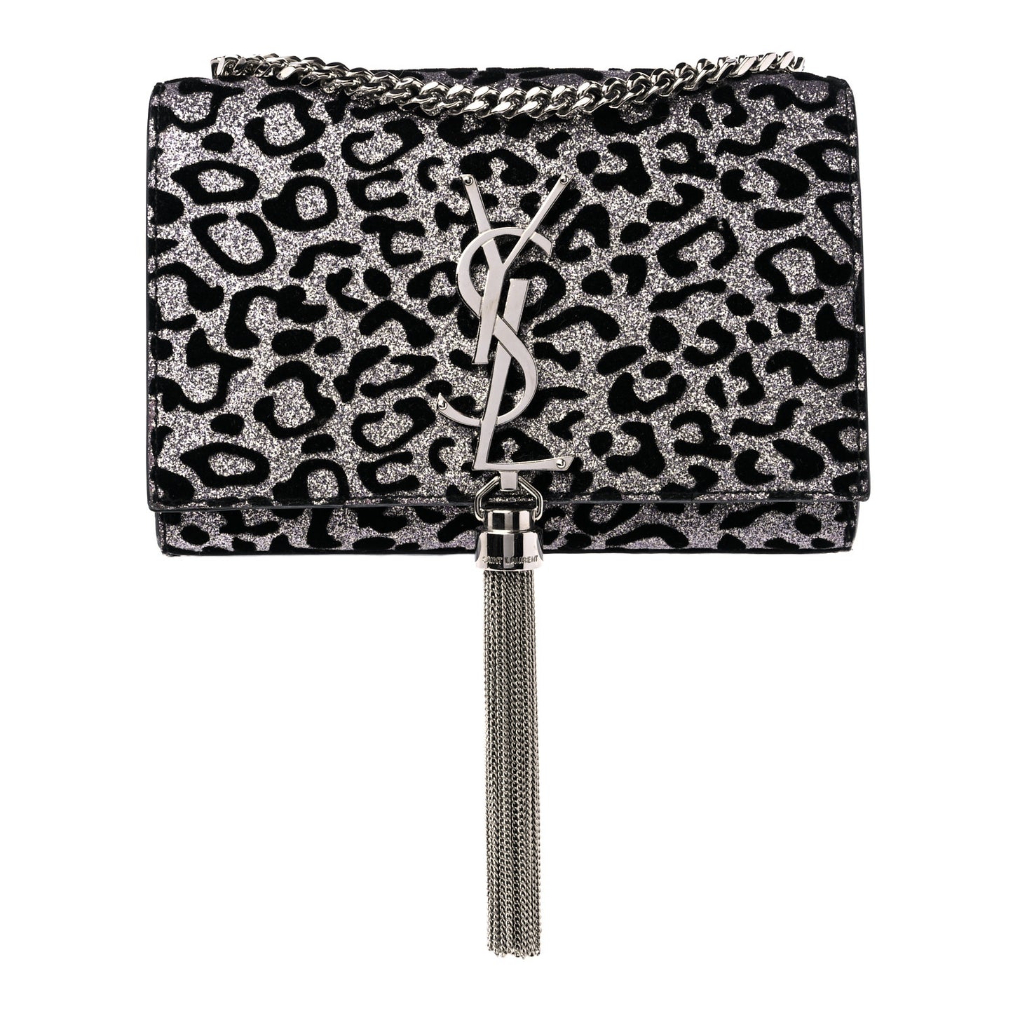 Glitter Leopard Small Monogram Kate Tassel Satchel Platine Black