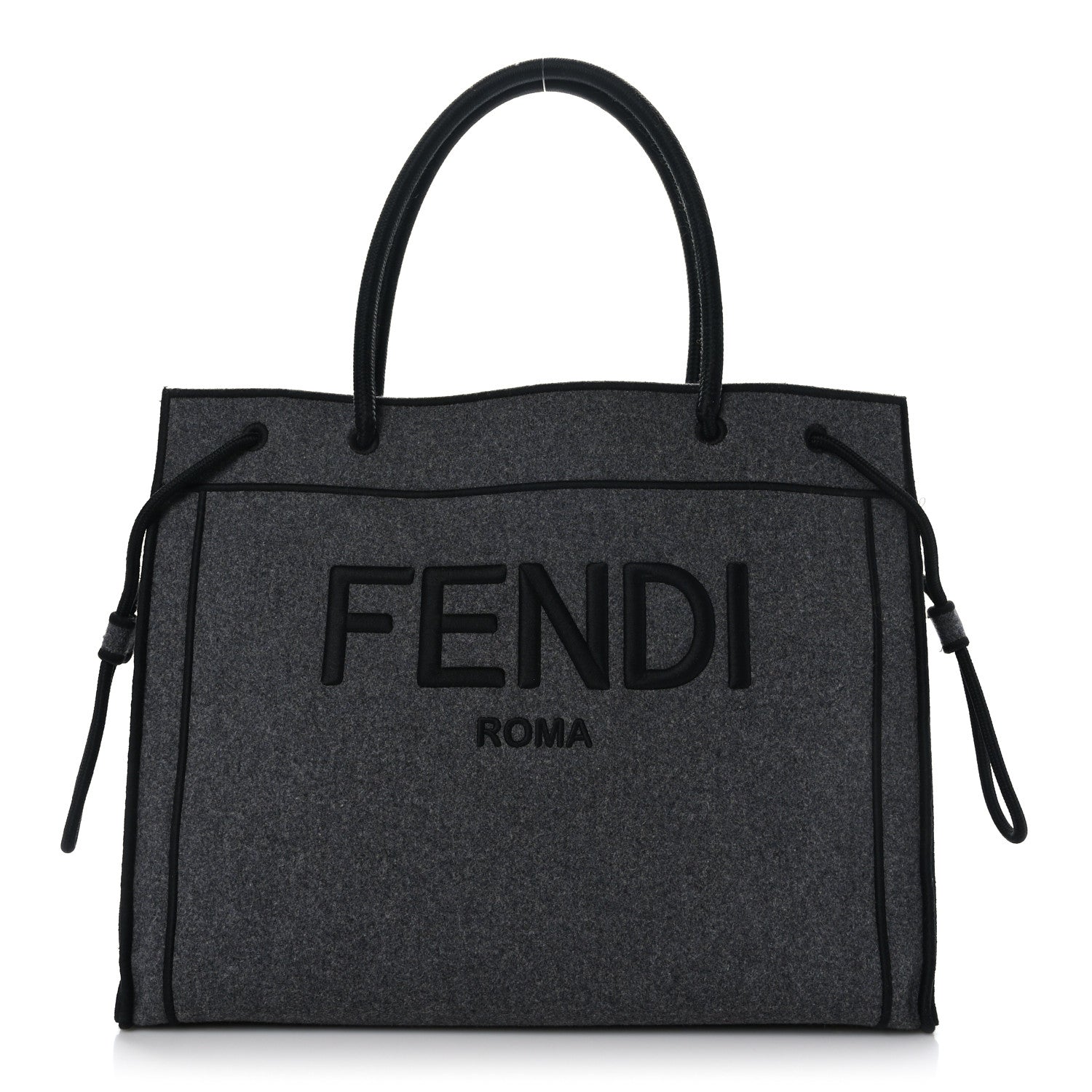 Fendi Melange Flannel Satin Logo Embroidered Threaded Edge Shopping Tote Grigio Black 1 of 9