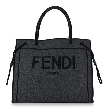 Fendi Melange Flannel Satin Logo Embroidered Threaded Edge Shopping Tote Grigio Black 1 of 9