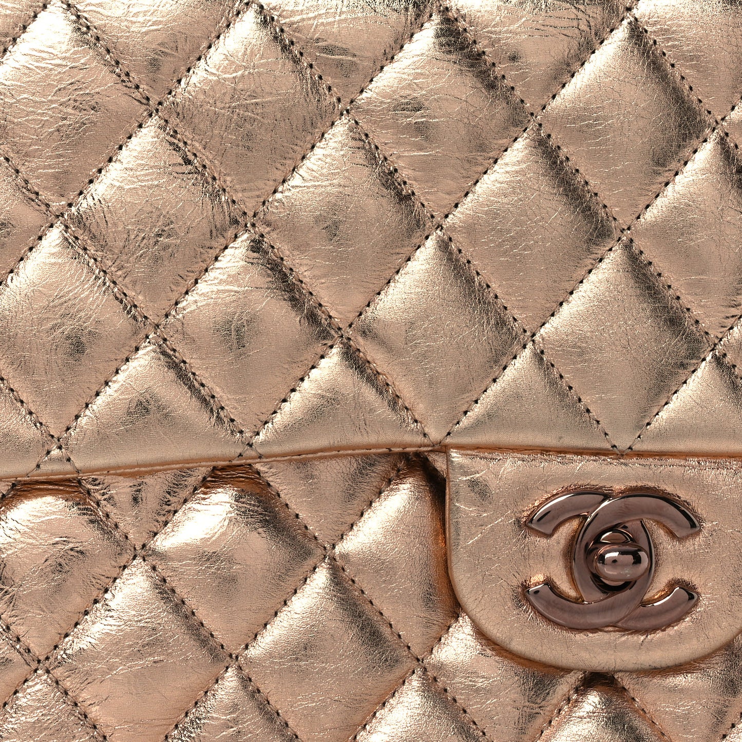 Metallic Aged Calfskin Quilted Medium Double Flap Gold