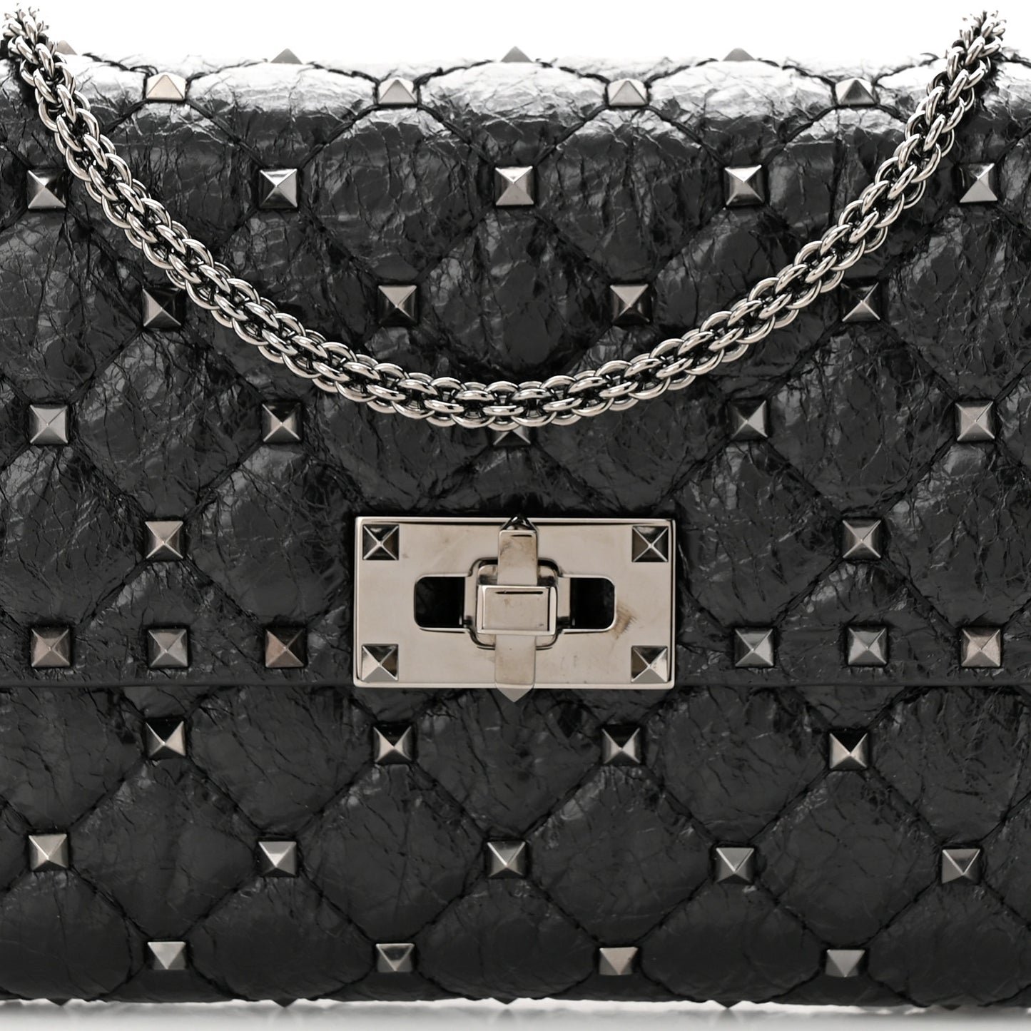 Craquele Nappa Rockstud Spike Wallet on Chain Black