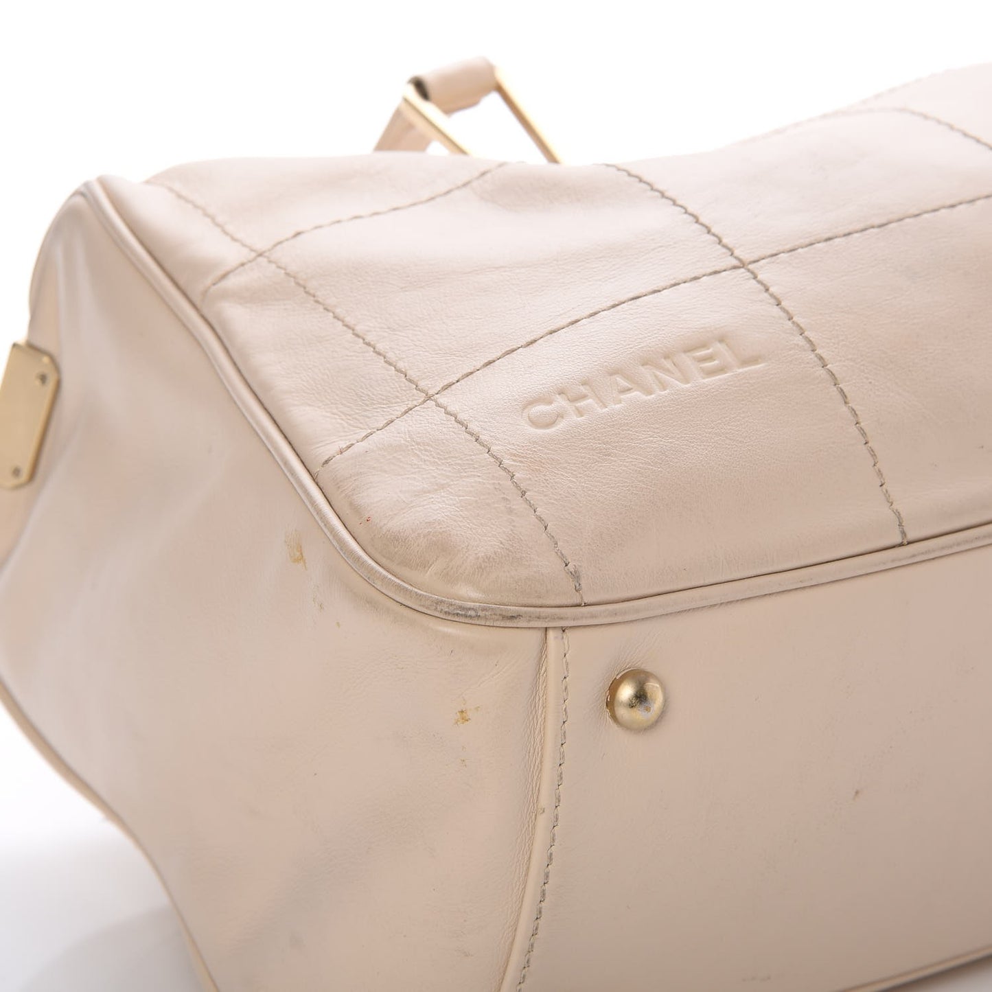 Caviar Square Stitched Bowler Tote Bag White