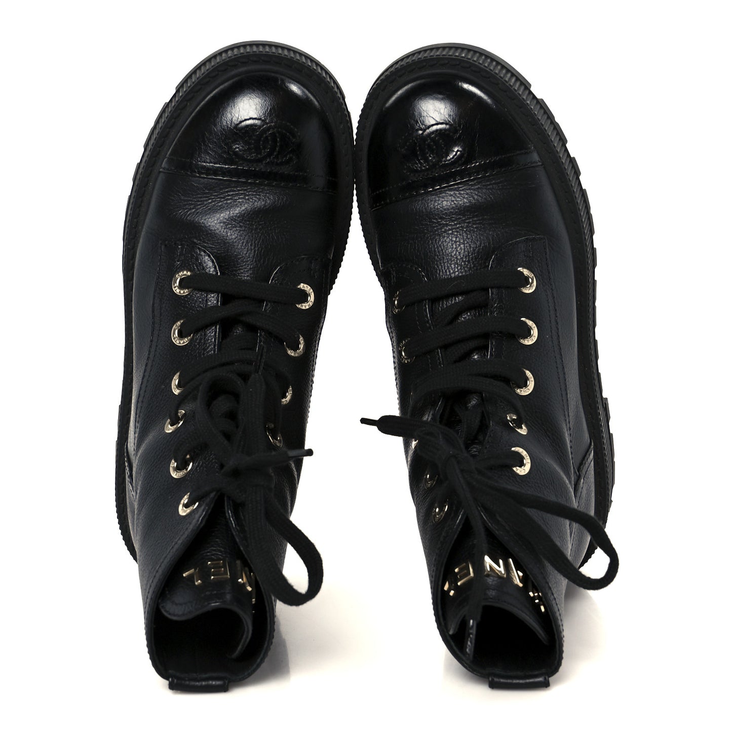 Grained Calfskin Shiny Calfskin CC Lace Up Combat Boots 37.5 Black