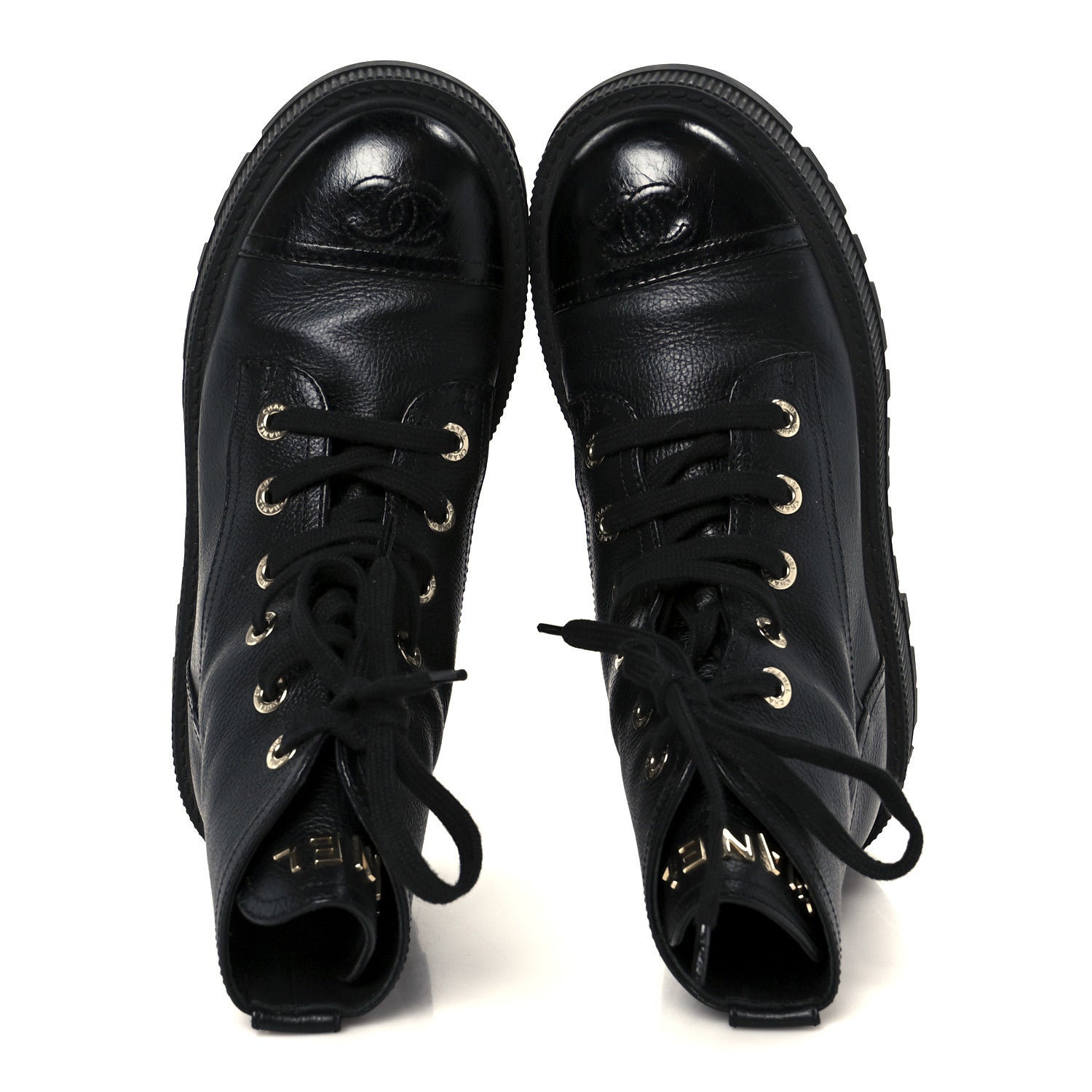 Chanel Grained Calfskin Shiny Calfskin CC Lace Up Combat Boots 37.5 Black 2 of 11