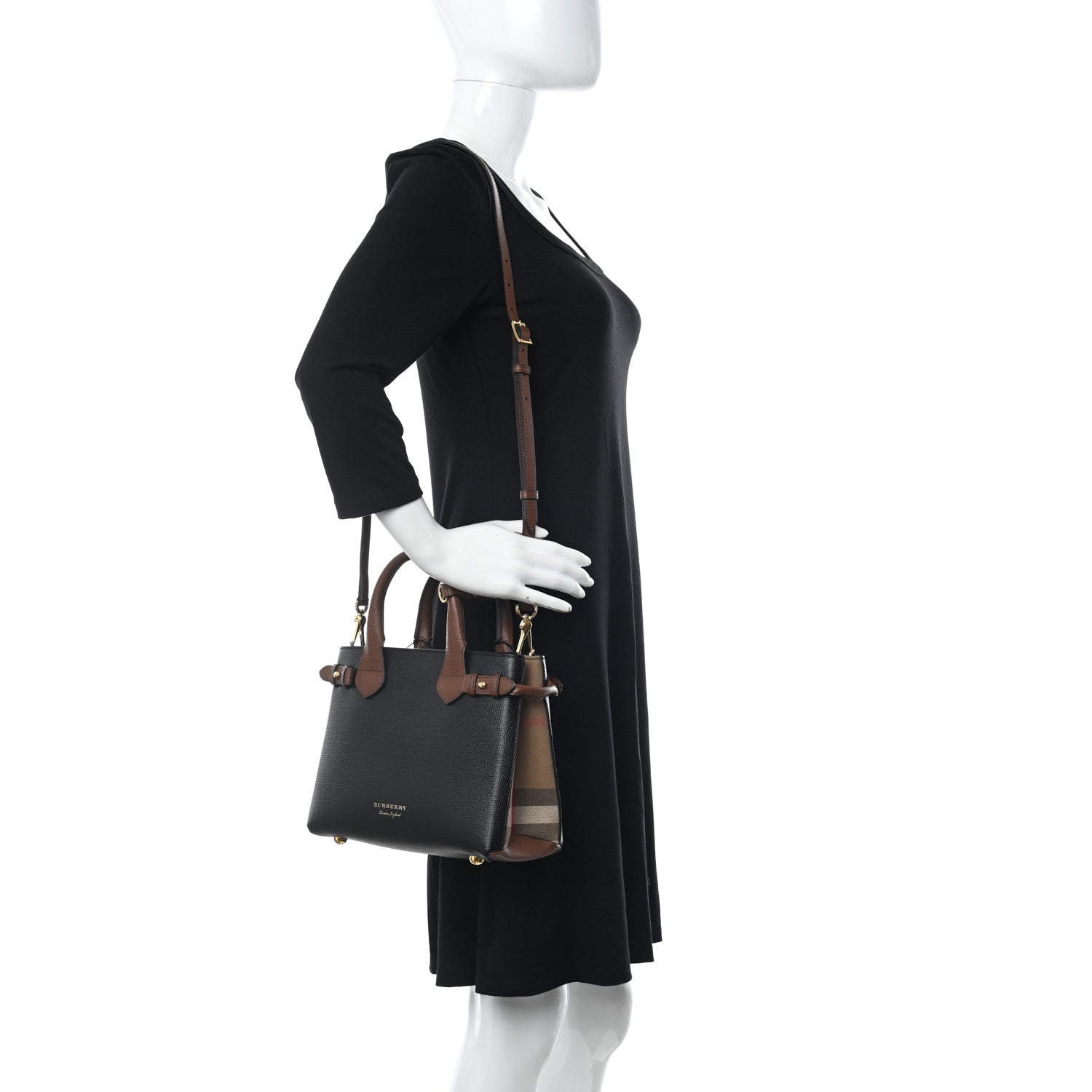 Burberry Derby Calfskin House Check Small Banner Tote Black Tan 3 of 9