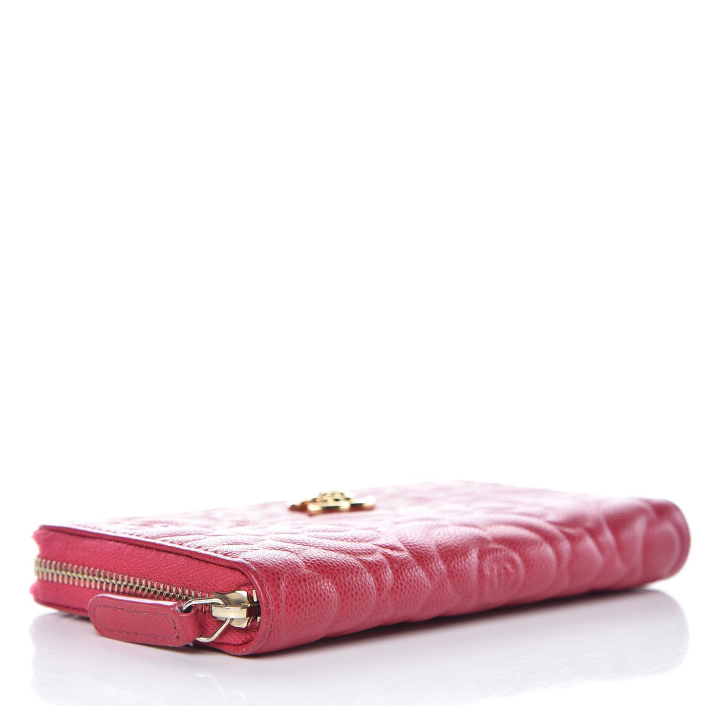 Caviar Camellia Embossed Small Zip Around Wallet Dark Pink