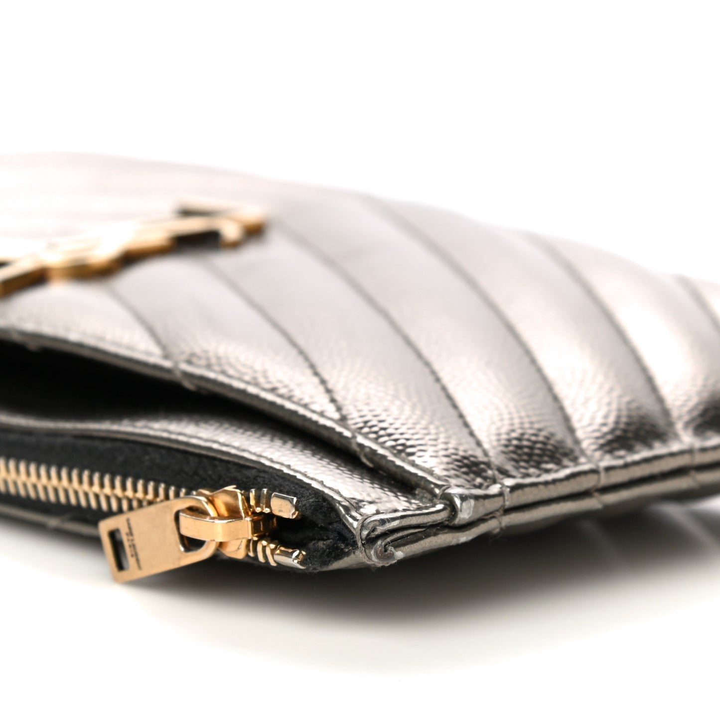Metallic Grain De Poudre Matelasse Chevron Monogram Bill Pouch Piombo