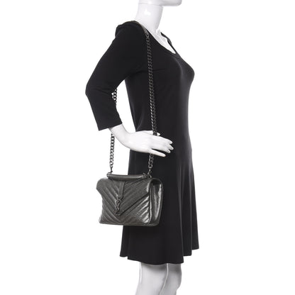 Saint Laurent Metallic Grain De Poudre Matelasse Chevron Monogram Medium College Bag Gunmetal 2 of 12