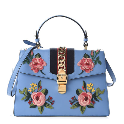 Gucci Calfskin Embroidered Medium Sylvie Top Handle Bag Clear Sky Blue 1 of 10