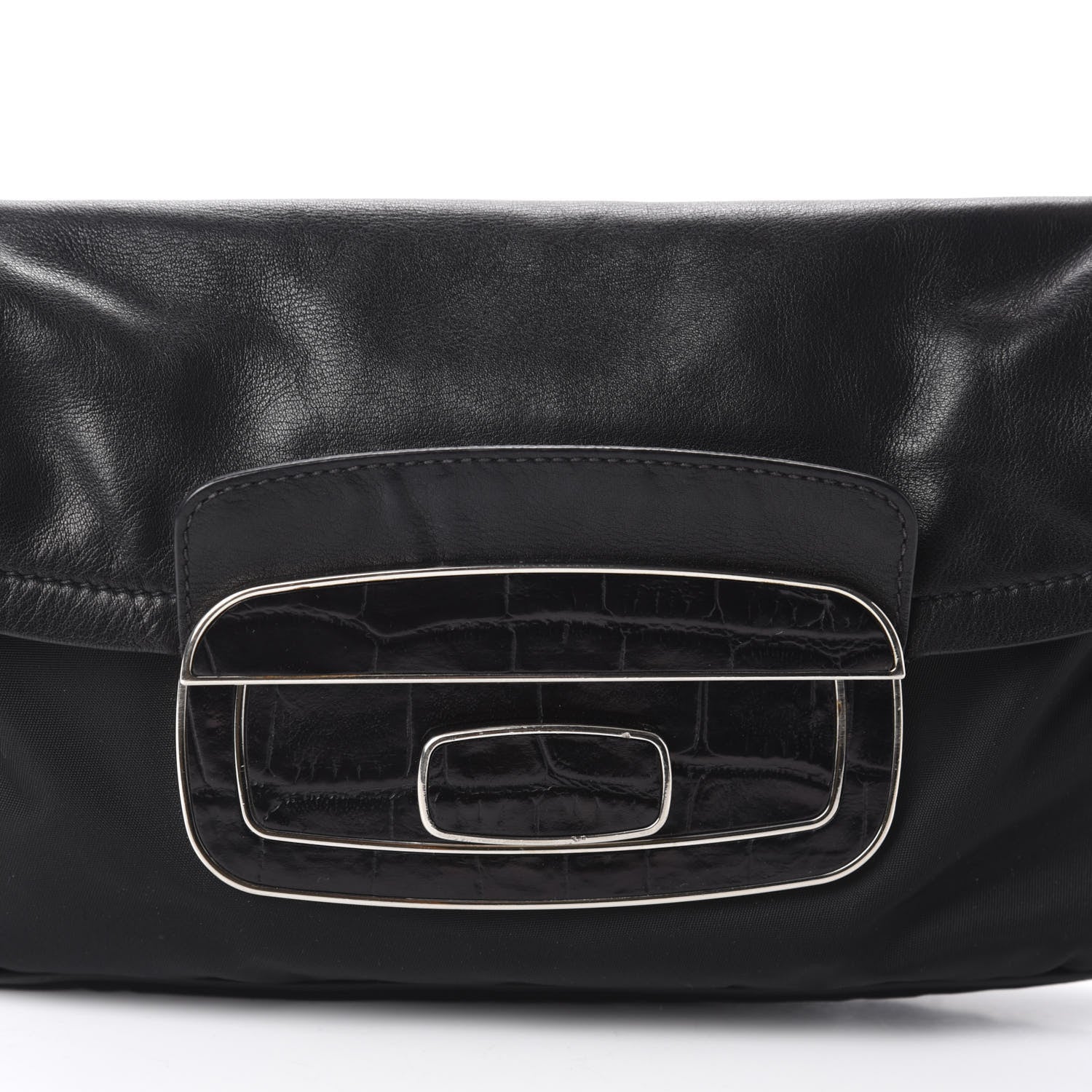 Prada Tessuto Nylon Calfskin Crocodile Embossed Shoulder Bag Black 12 of 12