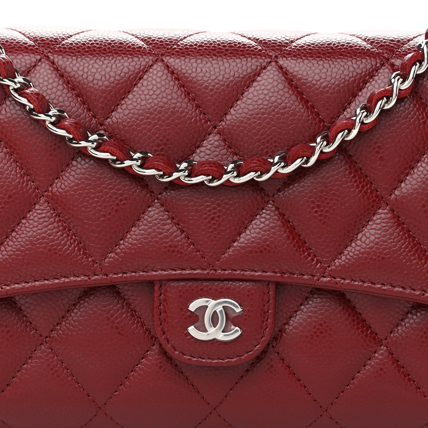 Caviar Quilted Phone Holder Wallet on Removable Chain Red