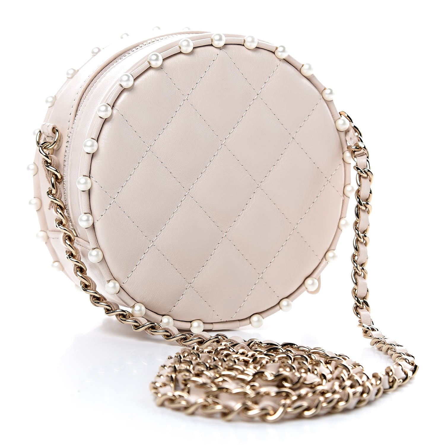 Chanel Calfskin Quilted Pearl Round Clutch With Chain White 3 of 10