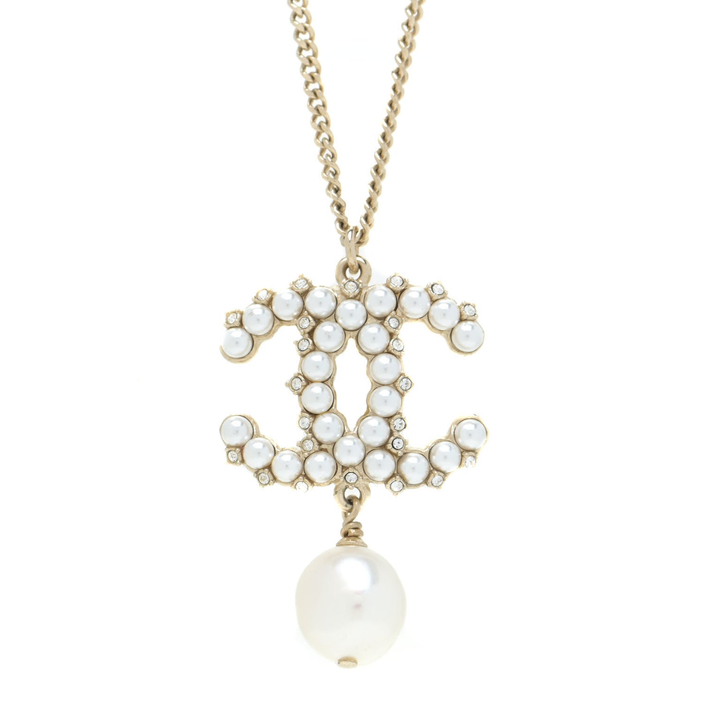 Crystal Pearl CC Drop Necklace Gold